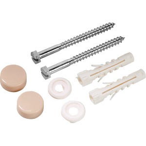 WC Befestigungs-Satz Beige: Schrauben, Dübel, Unterlegscheiben und Abdeckkappen für die WC-Montage.