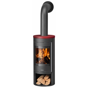 Justus Kaminofen Mino 2.0, Stahl schwarz, Abdeckplatte Bordeaux, 5 kW. Kamin mit Holzfach und Sichtfenster.
