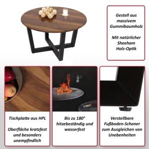 Runder Couchtisch M61 in Sheesham Holz-Optik mit dunklem Gestell.