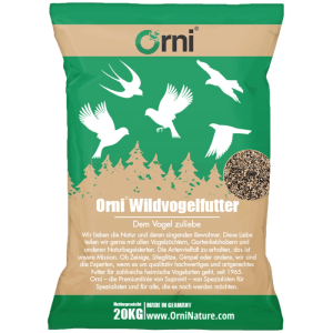 Grüne 20KG Tüte Orni Wildvogelfutter für Stieglitze mit Vogelmotiven und Saatenmischung.