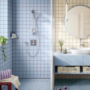 Grohe Brausestangen-Set Vitalio Joy+ 120 Chrom: Handbrause, Stange, Schlauch, Armatur in moderner Dusche.