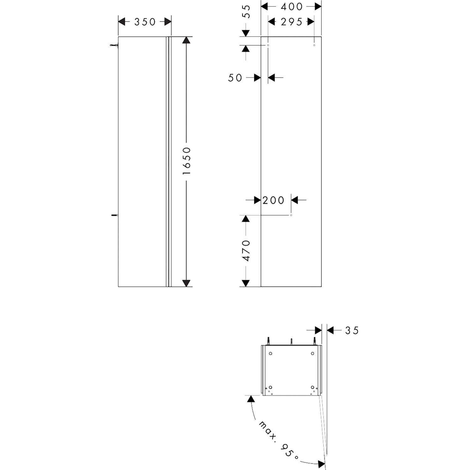 Technische Zeichnung Hansgrohe Xilesa E Hochschrank, Maße und Details für Badmöbel.