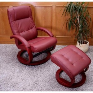 Bordeaux-farbener Relaxsessel Aprilia mit Hocker, Kunstleder, drehbar.