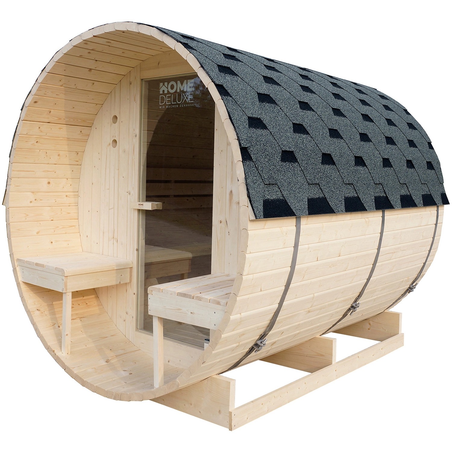 Home Deluxe Fasssauna Lahti Deluxe L mit Ofen, Fichtenholz, Glastür und Dachschindeln.