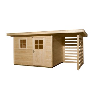 Unbehandeltes Holz-Gartenhaus mit Flachdach und Anbau, 504x375 cm.