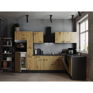 Respekta Winkelküche Oliver 310 cm in Artisan Eiche mit E-Geräten und Spüle.