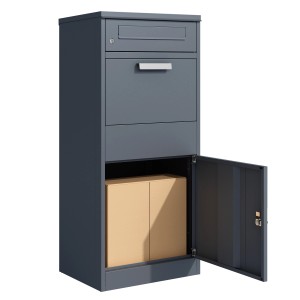 Westmann Stahl-Paketbox Pedro, anthrazit, mit geöffnetem Paket-Fach und Paket. Briefkasten für kontaktlose Zustellung.