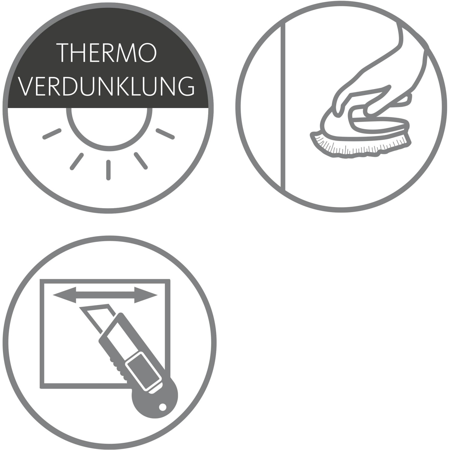 Symbole für Thermo-Rollo: Verdunklung, einfache Anbringung, Zuschneiden.