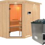 Karibu Sauna mit Ofen und LED-Dachkranz aus Naturholz. Elementsauna mit Glastür und externer Steuerung.