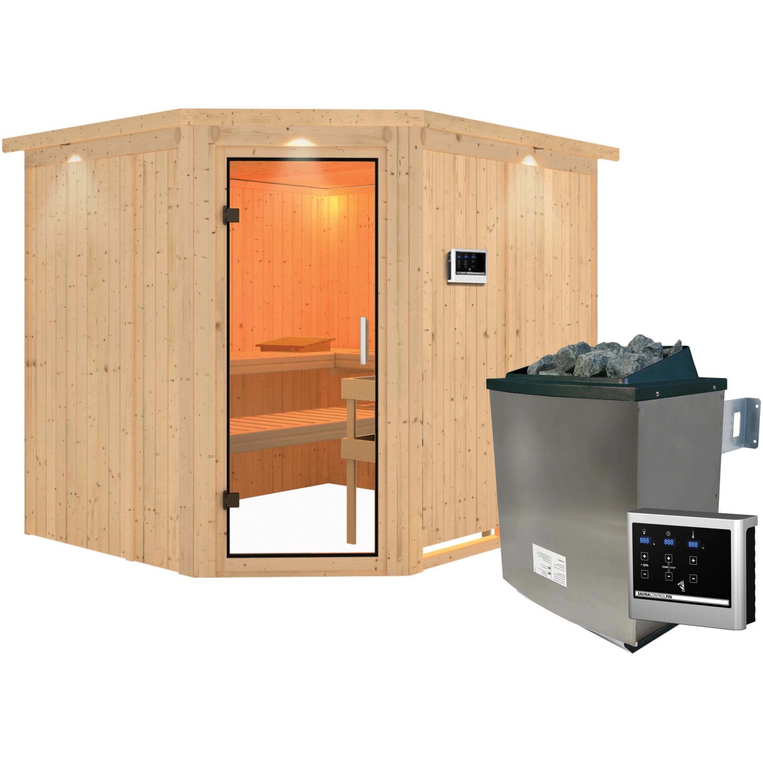 Karibu Sauna mit Ofen und LED-Dachkranz aus Naturholz. Elementsauna mit Glastür und externer Steuerung.