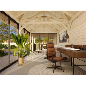 Innenansicht: Palmako Pavillon Bianca Set, weiß lackiert, mit Schiebetüren und Büroeinrichtung.