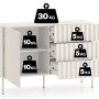 Selsey Sideboard Derriva Kaschmir. Gerillte Fronten, offene Tür mit 2 Fächern (je 10kg), 3 Schubladen (je 5kg). Oberseite 30kg.
