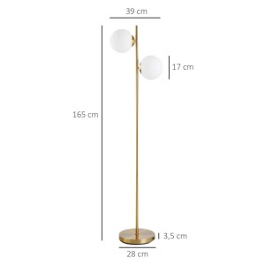 Goldene HOMCOM Stehlampe aus Stahl mit zwei weißen Glaskugeln. Modernes Design für Innenräume.