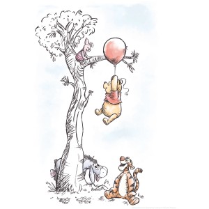 Winnie Pooh Wandbild (30x40 cm) mit Puuh, Ferkel, I-Aah und Tigger am Baum mit Ballon.