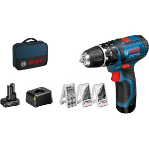 Bosch Professional Akku-Schlagbohrschrauber GSB 12V-15 mit Akkus, Ladegerät, Tasche und Zubehör.
