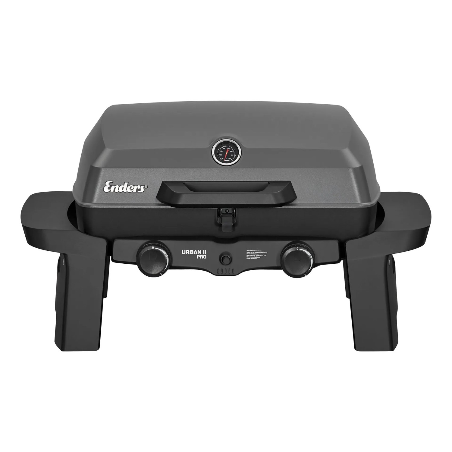 Enders Gasgrill Mobil Urban Pro II, kompakter Tischgrill in Grau mit Aluguss-Haube und Thermometer.