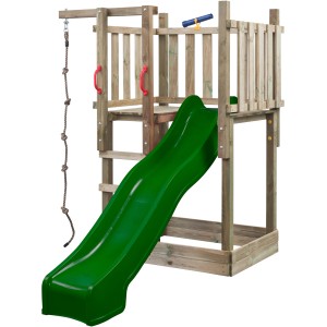 SwingKing Spielgerät Mario mit grüner Rutsche, Kletterseil und Teleskop aus Holz.
