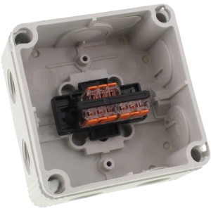 Offener, grauer Wiska Abzweigkasten 95x95x60 mm mit Wago Hebeklemmen.