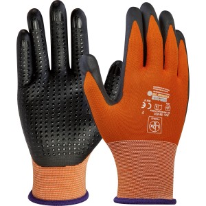 LUX Allroundhandschuhe Gr. 7, Arbeitshandschuhe mit schwarzer Handfläche und orangefarbenem Handrücken.