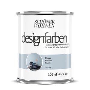 Schöner Wohnen Designfarbe Klares Eisblau, 100ml Dose. Bunte Wandfarbe für Innen.