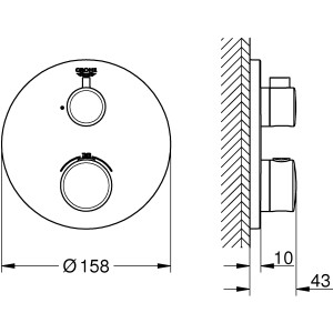 Technische Zeichnung: Grohe Grohtherm Thermostat-Brausebatterie in Chrom, Maße und Details.