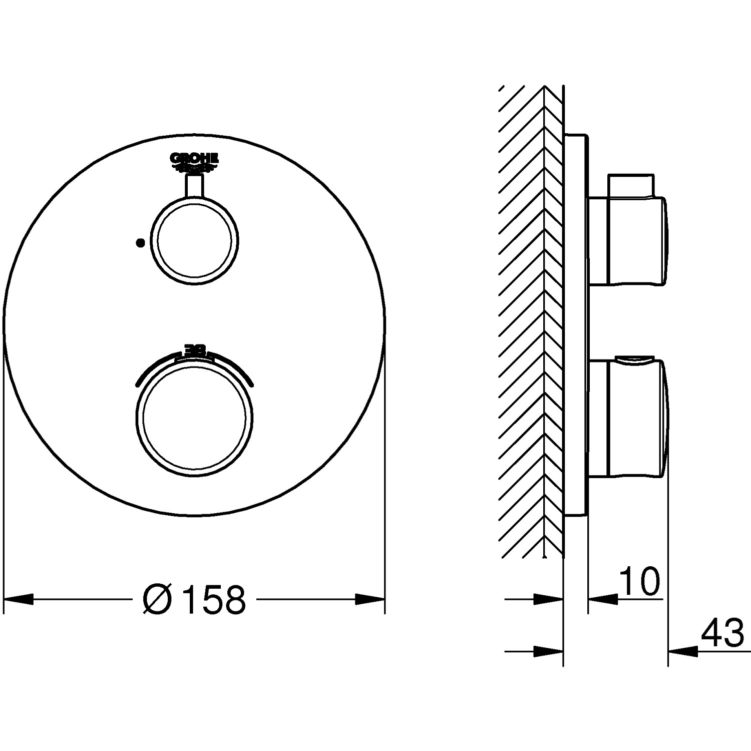 Technische Zeichnung: Grohe Grohtherm Thermostat-Brausebatterie in Chrom, Maße und Details.