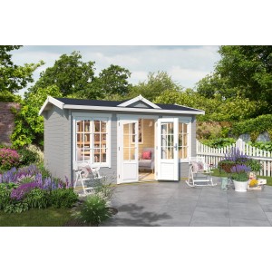 Lichtgraues Lasita Maja Gartenhaus Kensington (400x250cm) mit Doppeltür und überdachtem Bereich.