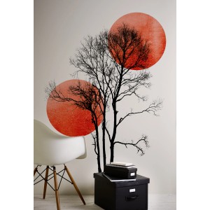 Fototapete mit Bäumen, rotem Mond, schwarz-weiß, 2,00x2,80m, FSC®-zertifiziert.