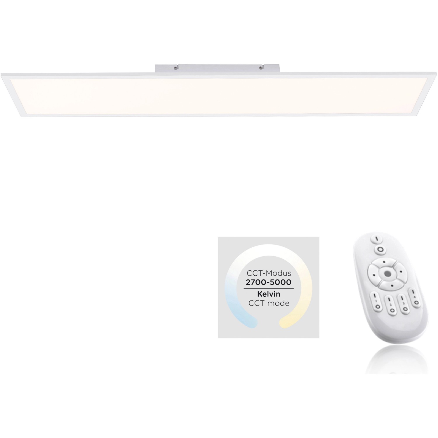 Dimmbare LED-Deckenleuchte, 100x25 cm, weiß, mit Fernbedienung zur Farbtemperatursteuerung.
