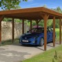 Skan Holz Carport Friesland Nussbaum mit blauem Auto. Einzelcarport aus Holz mit Aluminiumdach.