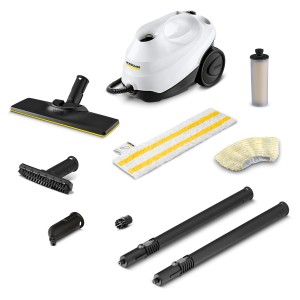 Kärcher SC 3 EasyFix Dampfreiniger mit Zubehör: Bodendüse, Handdüse, Bürsten, Verlängerungsrohre und Entkalkungskartusche.
