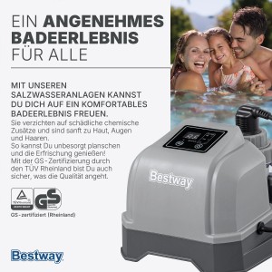 Bestway Salzwasseranlage Hydrogenic, 2 g/h, für Pools bis 8.327 l. Sauberes, sanftes Poolwasser ohne Chlor.