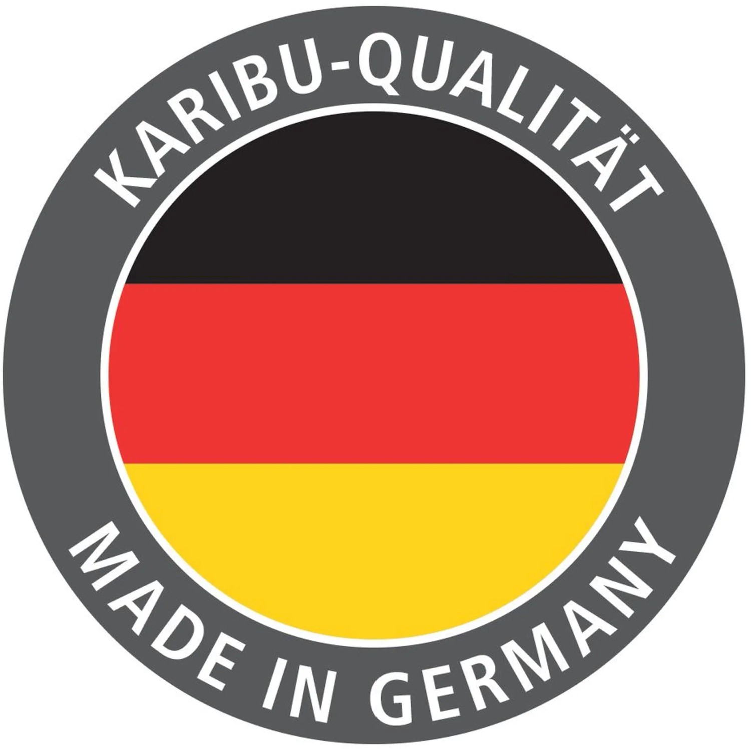 Karibu Qualitätssiegel mit Deutschlandflagge und Schriftzug "Made in Germany".