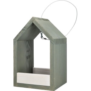 Moosgrau-weißes Vogelhaus aus Holz mit Haken für Meisenknödel und Drahtaufhängung.