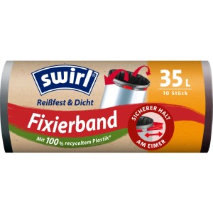 Swirl Fixierband-Müllbeutel 35 l, 10 Stück. Rolle in brauner Verpackung, zeigt reißfeste Beutel mit Zugband für Mülleimer.