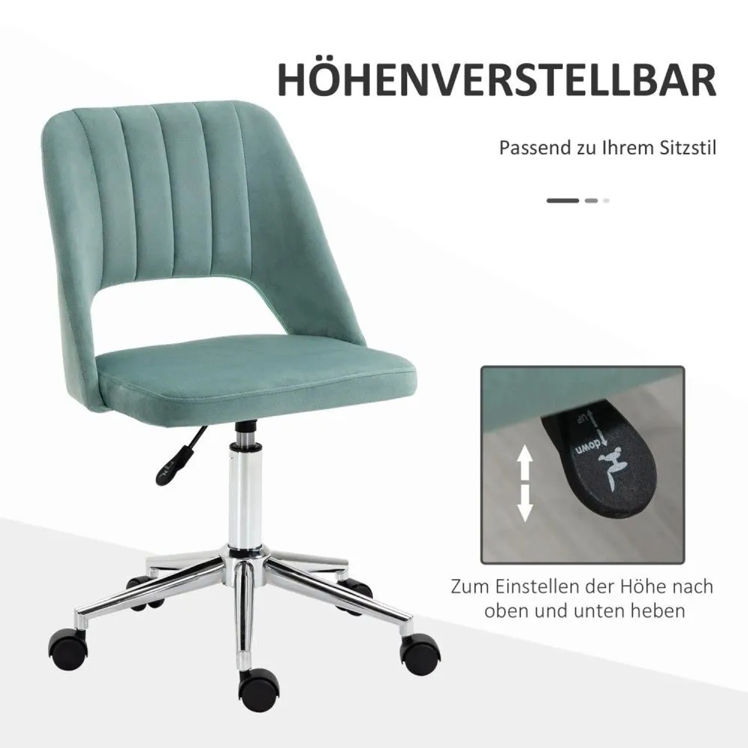 Grüner Vinsetto Bürostuhl mit Samtoptik Polyester, höhenverstellbar, auf Rollen. Modernes, ergonomisches Design.
