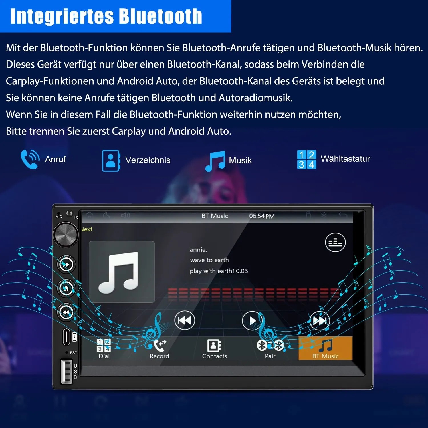 JUNSUN CARPLAY 7 Zoll Doppel DIN Autoradio mit Android Auto IPS Touchscreen 1024x600 Drehknopf Bluetooth FM_4