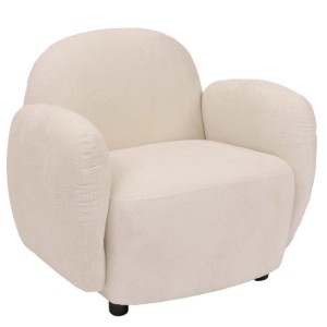 Cremefarbener MCW Loungesessel P33 mit Chenille-Bezug und abgerundetem Design.