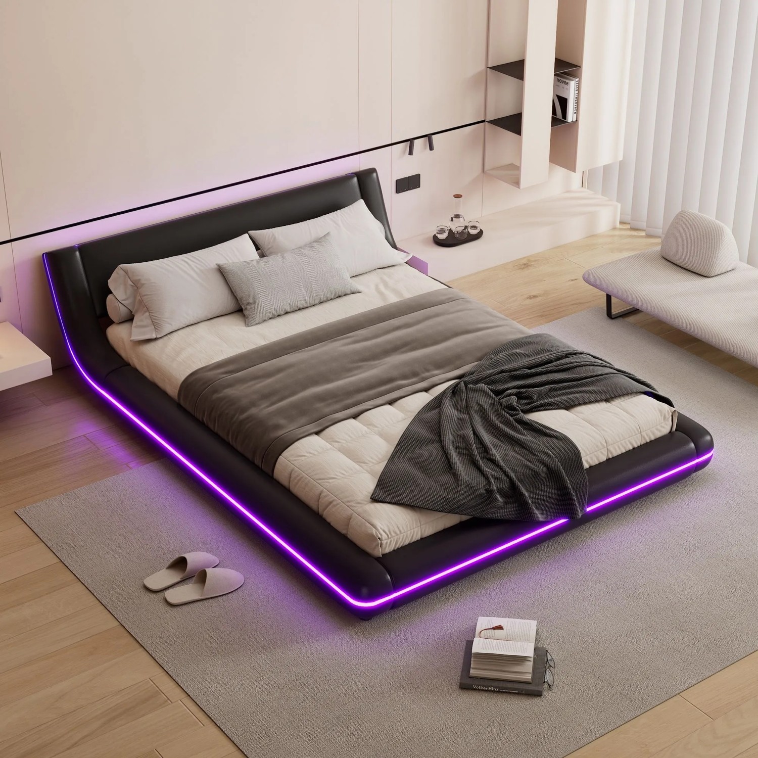 okwish Bodenbett 140x200cm mit LED Beleuchtung Schlafzimmer Schwarz ohne Matratze_2