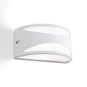 Orion Außenwandleuchte, mattweißes Aluminium, gebogenes Design, Lichtaustritt oben und unten. IP54.