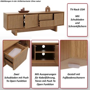 Braunes MCW TV-Rack O34 mit strukturierten Fronten, 2 Schubladen, Schrankfächern, Push To Open, Kabelführung, Fußbodenschonern.