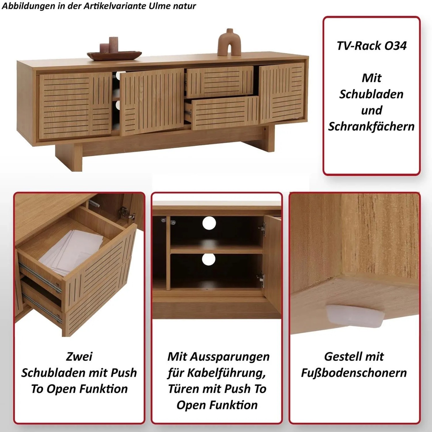 Braunes MCW TV-Rack O34 mit strukturierten Fronten, 2 Schubladen, Schrankfächern, Push To Open, Kabelführung, Fußbodenschonern.