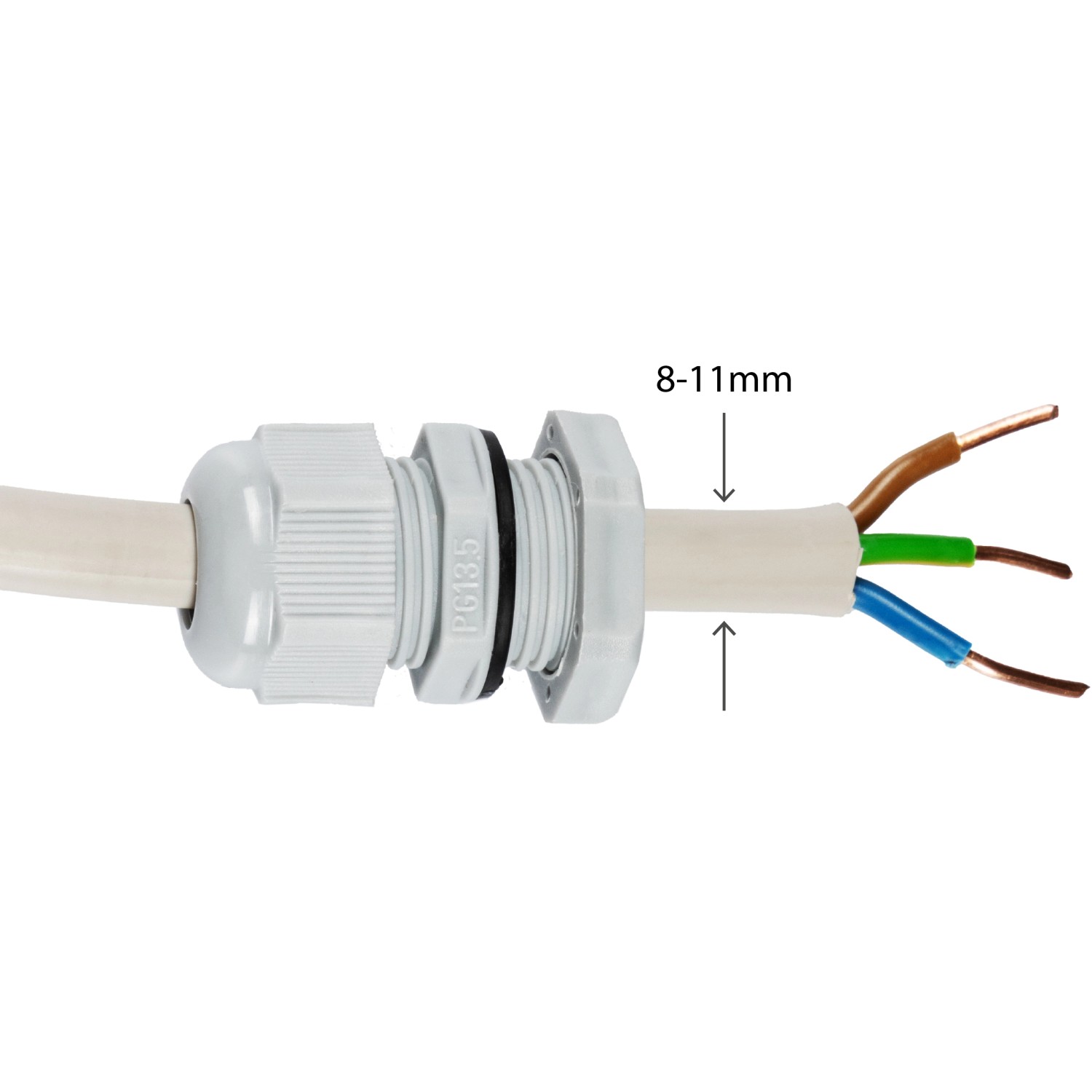 Detailaufnahme einer grauen Kabelverschraubung für eine LED-Feuchtraumleuchte.