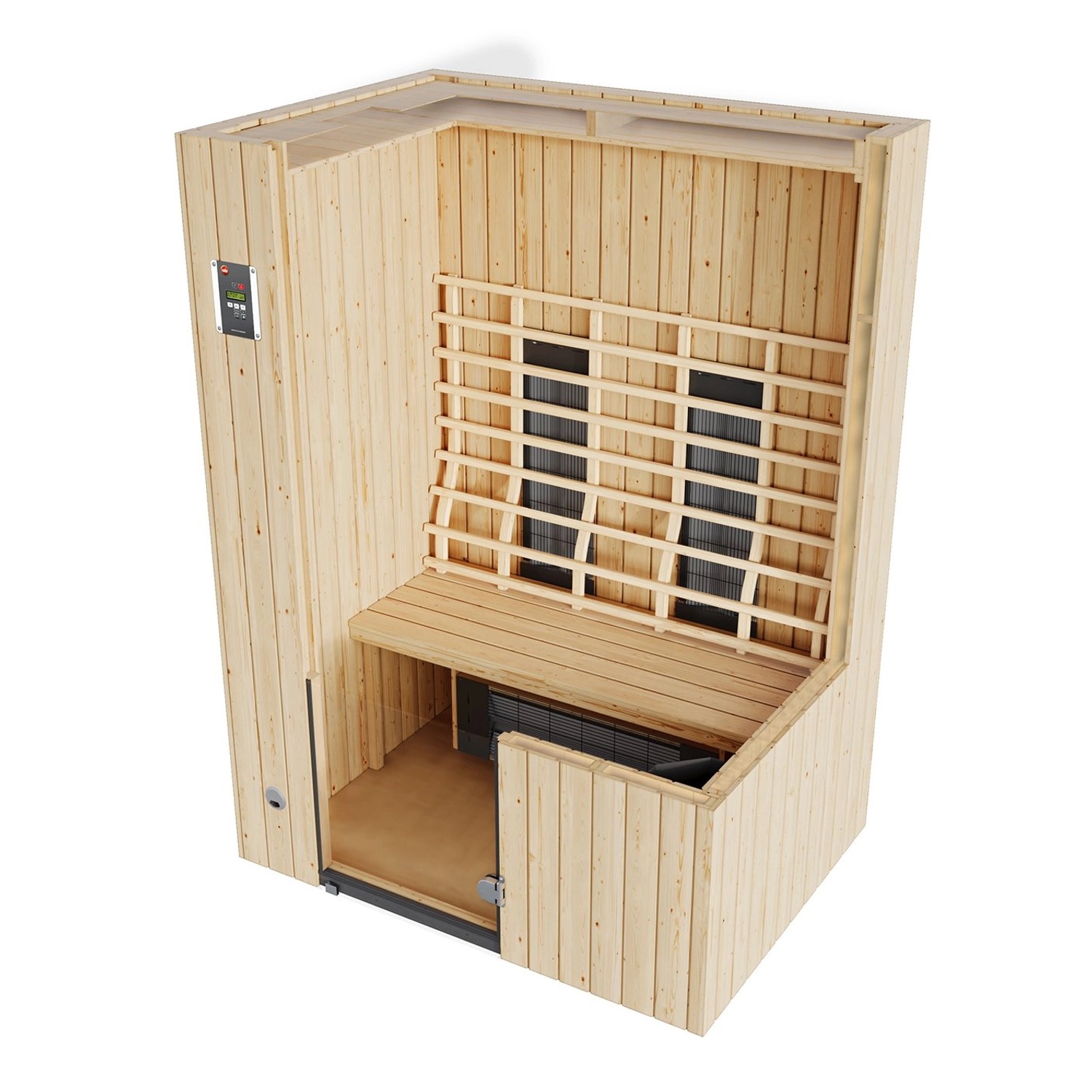 Weka Infrarotkabine Tanilla 2 mit Linienstrahlern, Innenansicht mit Sitzbank und Strahlern.