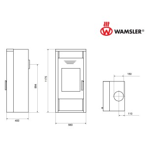 Technische Zeichnung Wamsler Kaminofen Yara Naturstein Gussgrau mit Maßen.