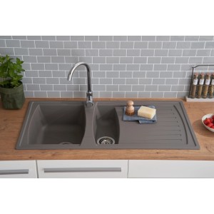 Respekta Mineralite Einbauspüle Boston, 100x50 cm, Betongrau. Granitspüle mit Abtropffläche.