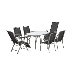 Gartenmöbelset: Ovaler Tisch mit 6 schwarzen Klappsesseln Vigo mit verstellbarer Lehne.