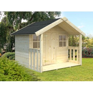 Palmako Spielhaus Felix aus Fichtenholz mit Terrasse, zwei Fenstern und einer Tür im Garten.