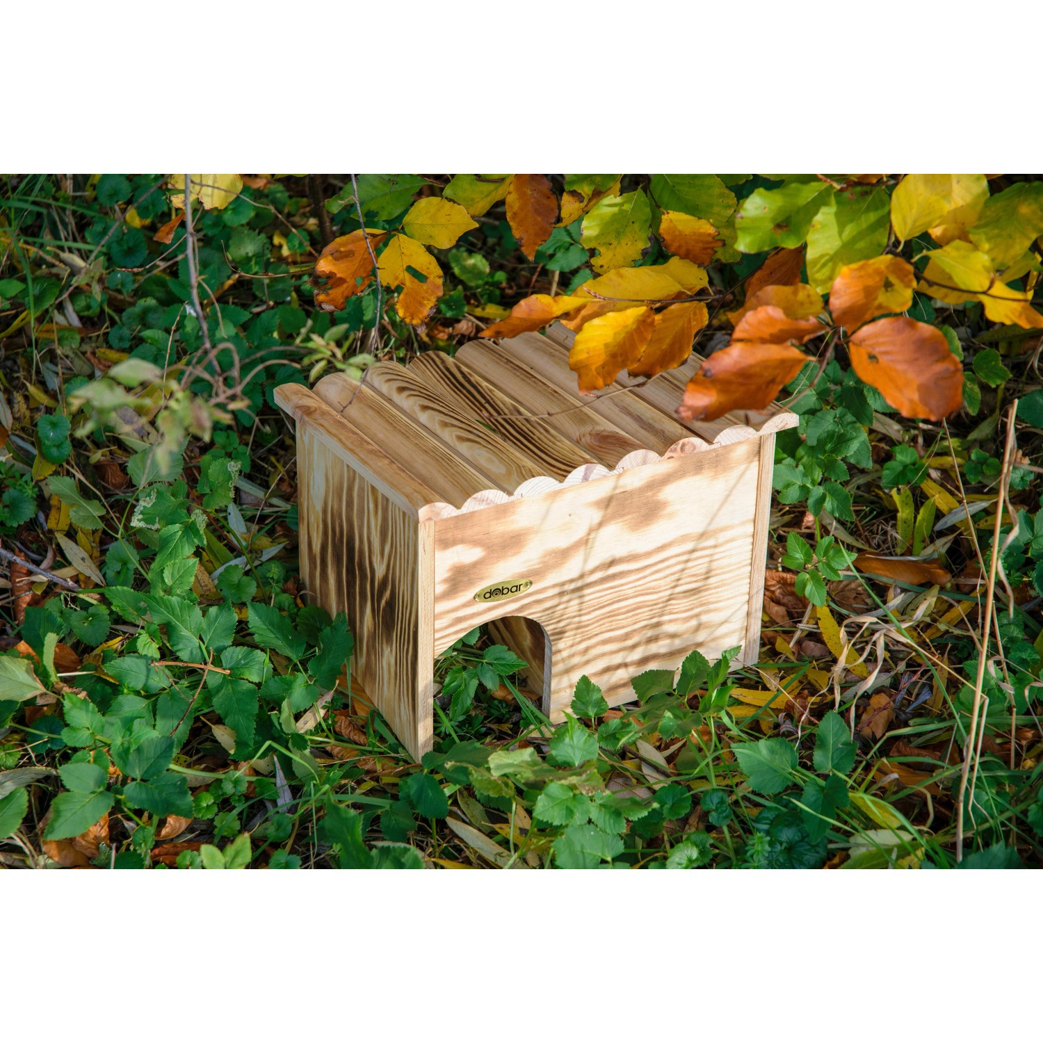 Geflammtes Igelhaus aus Kiefernholz mit Labyrintheingang im Garten.