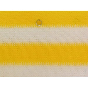 Floracord Balkonsichtschutz gelb-weiß, Detailaufnahme Öse und Streifen.